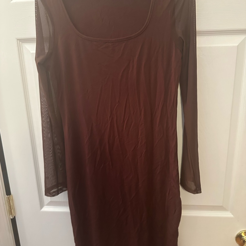 Elegant Brown Mesh Long Sleeve Dress